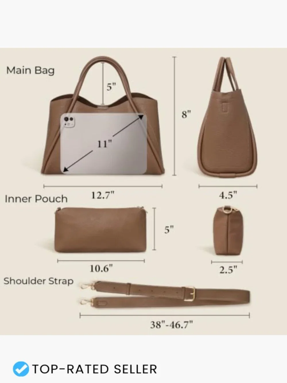 Faux Leather Satchel Bag Crossbody Shoulder Tote with Adjustable Strap & Inner